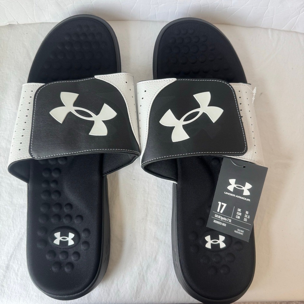 New Under Armour Men's UA Ignite Adjustable‎ Slides size 17 Black White Casual